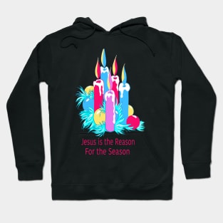 Bright nostalgic religious Christmas illustration candles and Christmas tree bulbs. Hoodie